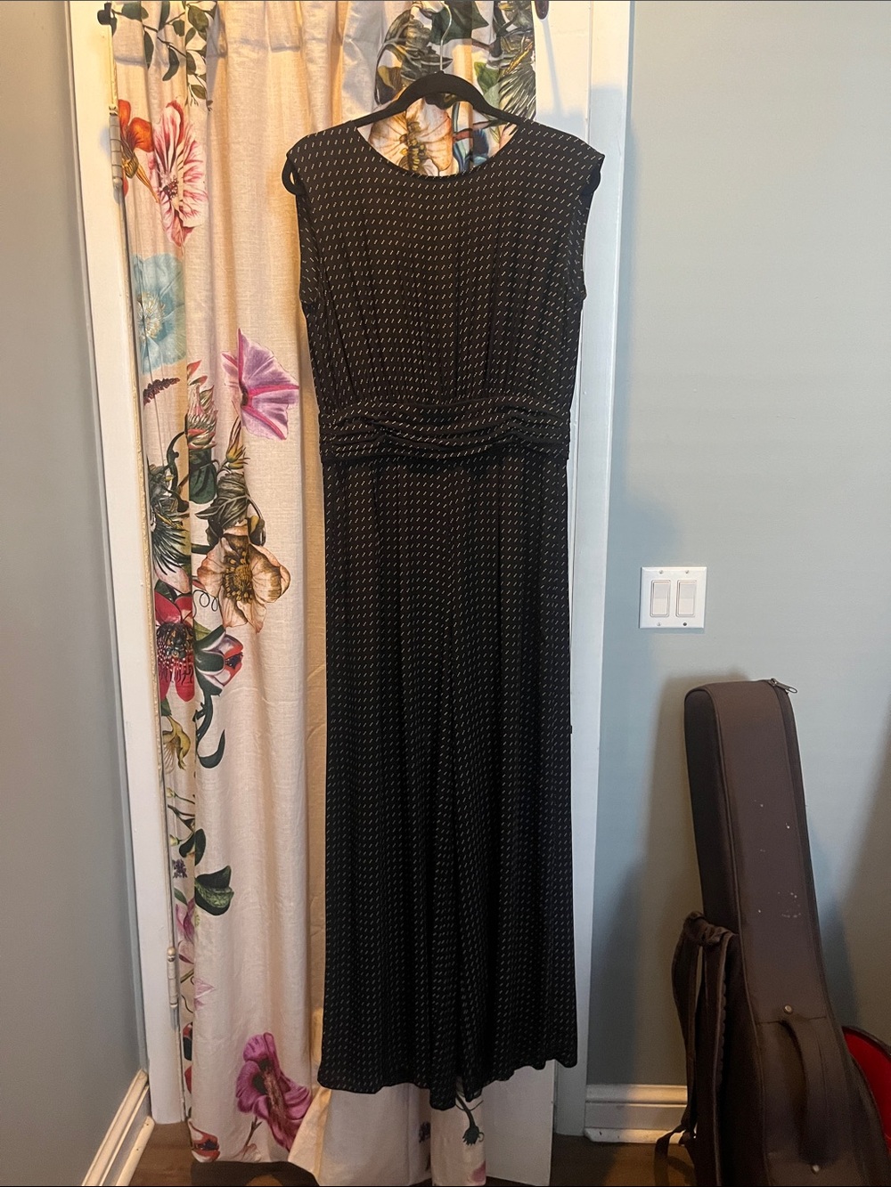 Black Sleeveless Maxi Dress with Subtle Dot Pattern; silk